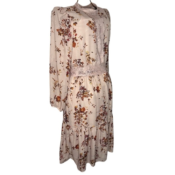 Hi-Neck Floral Cottagecore Midi Dress Lace Floral Pink Mauve Woman - Size S - Picture 2 of 10